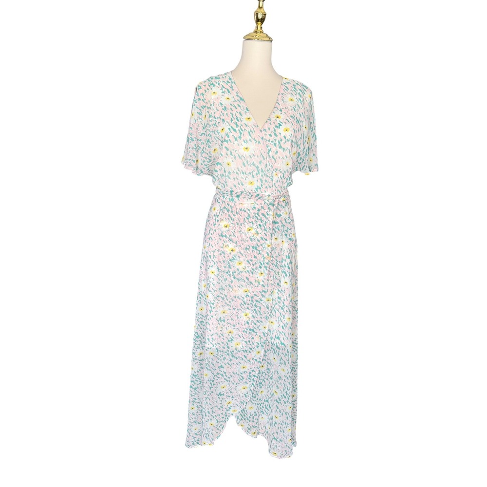 Luxology Women Pink Mint Floral Faux Wrap Maxi Dress Short Flutter Sleeve NWT